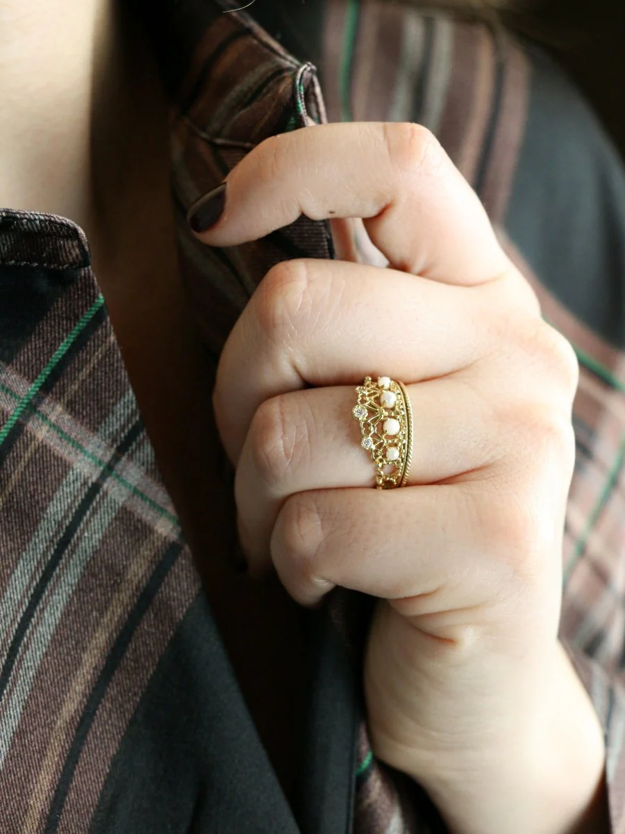 Bague couronne or jaune diamants perles - Image 2