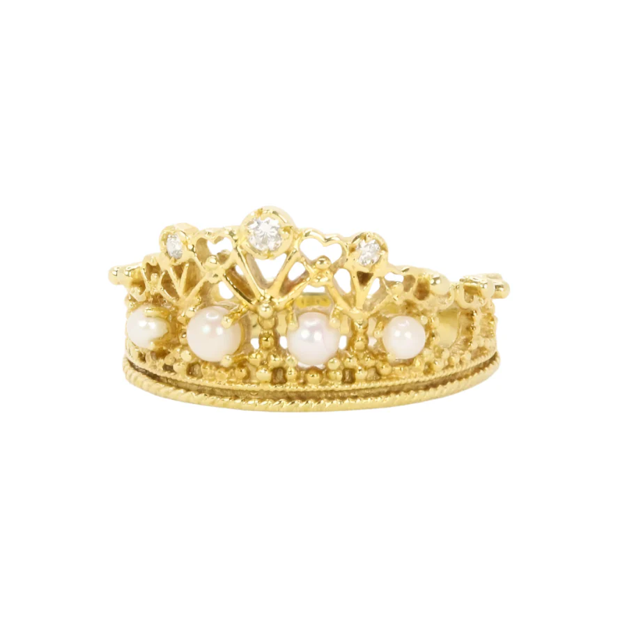 Bague couronne or jaune diamants perles - Image 3