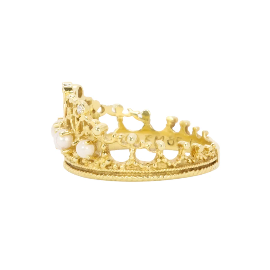 Bague couronne or jaune diamants perles - Image 4