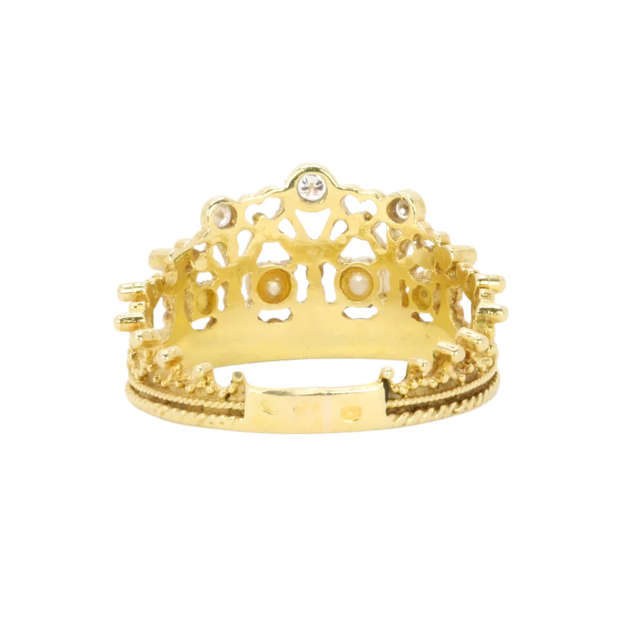 Bague couronne or jaune diamants perles - Image 5