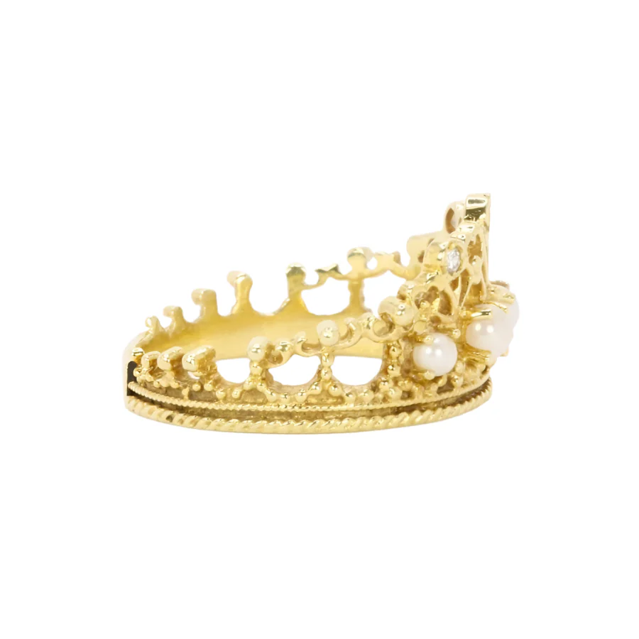 Bague couronne or jaune diamants perles - Image 6
