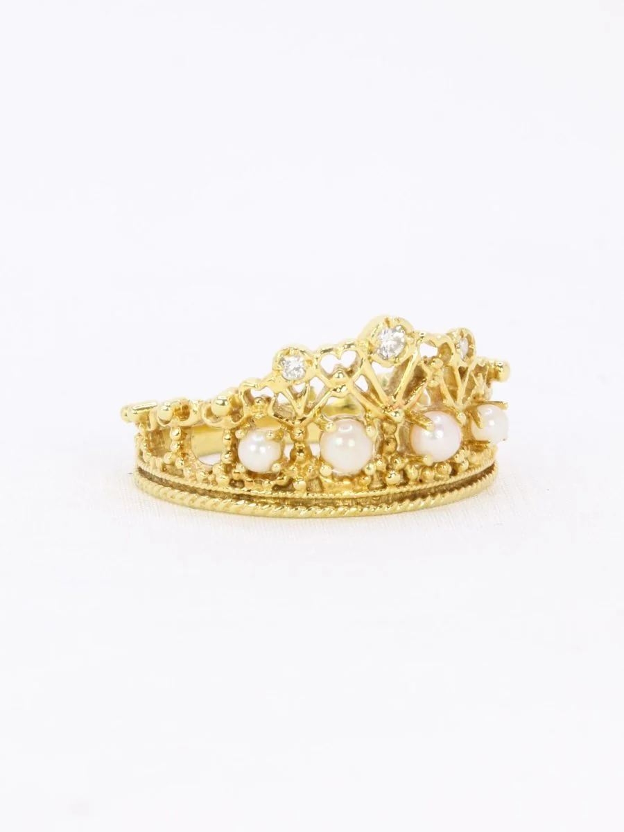 Bague couronne or jaune diamants perles - Image 7