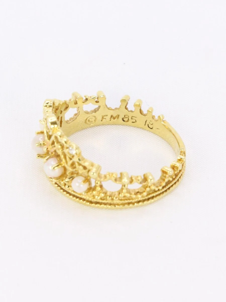 Bague couronne or jaune diamants perles - Image 8