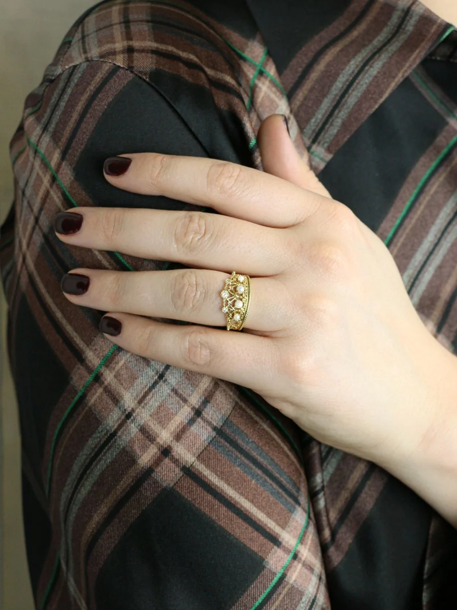 Bague couronne or jaune diamants perles - Image 9