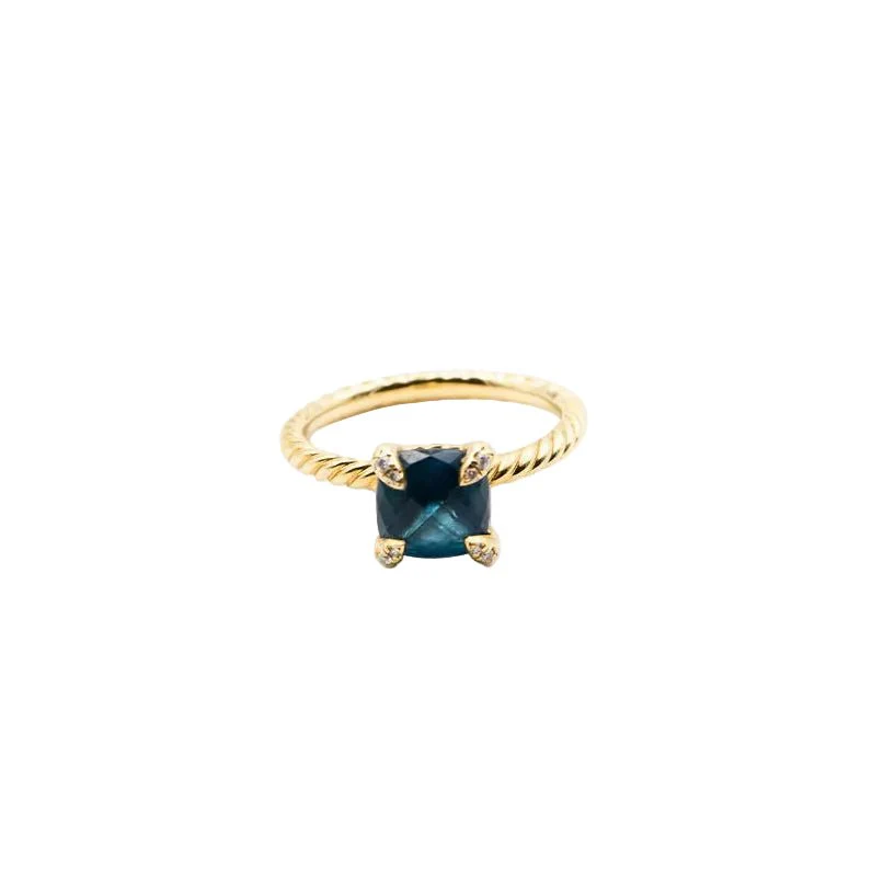 Bague Solitaire DAVID YURMAN "Chatelaine" en or jaune, topaze bleue et diamants
