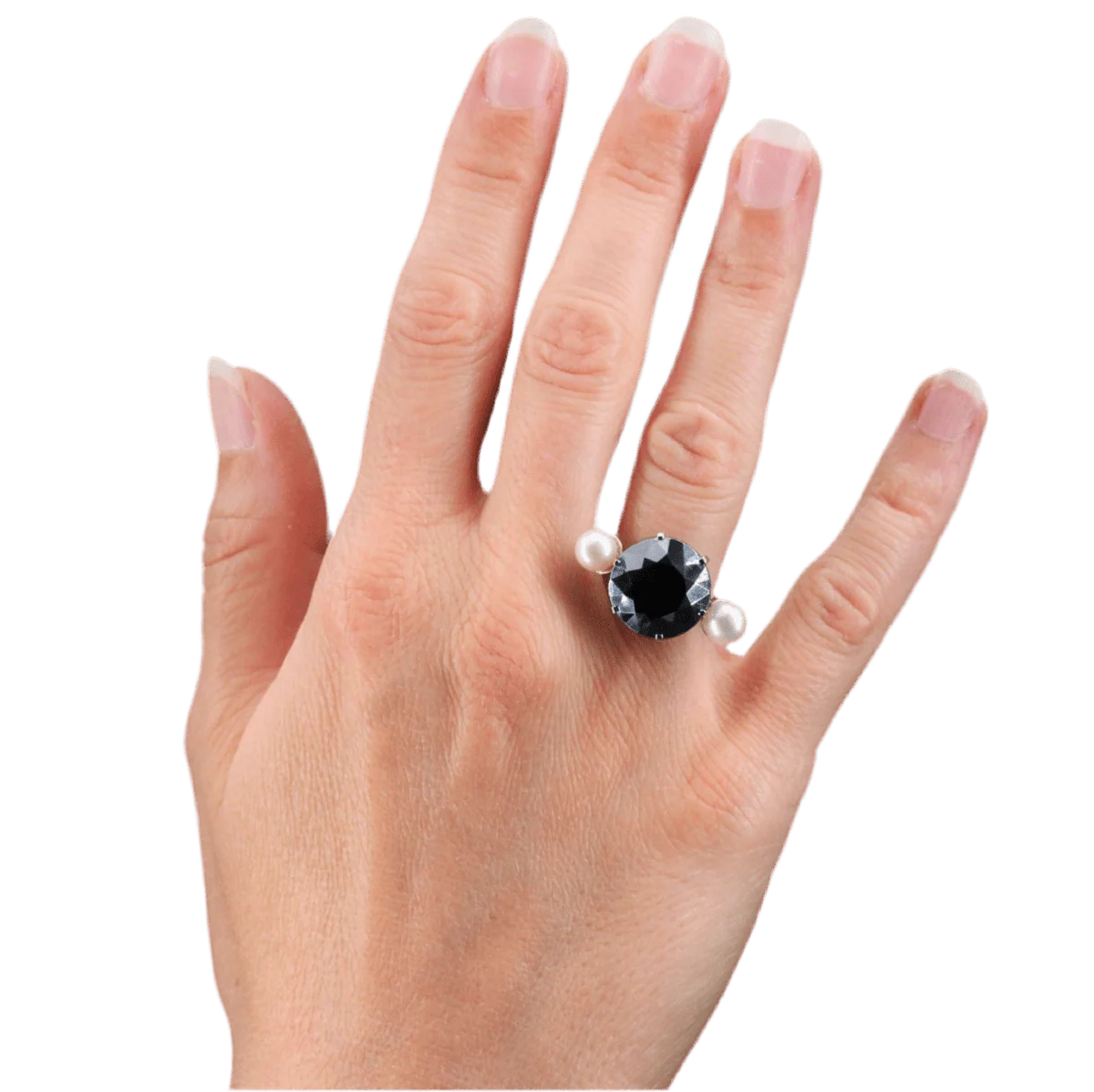 Bague Cocktail en or blanc, hématite, perles et nacre - Image 2