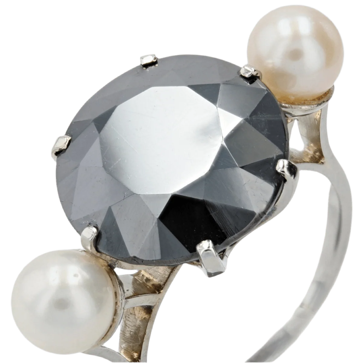 Bague Cocktail en or blanc, hématite, perles et nacre - Image 7