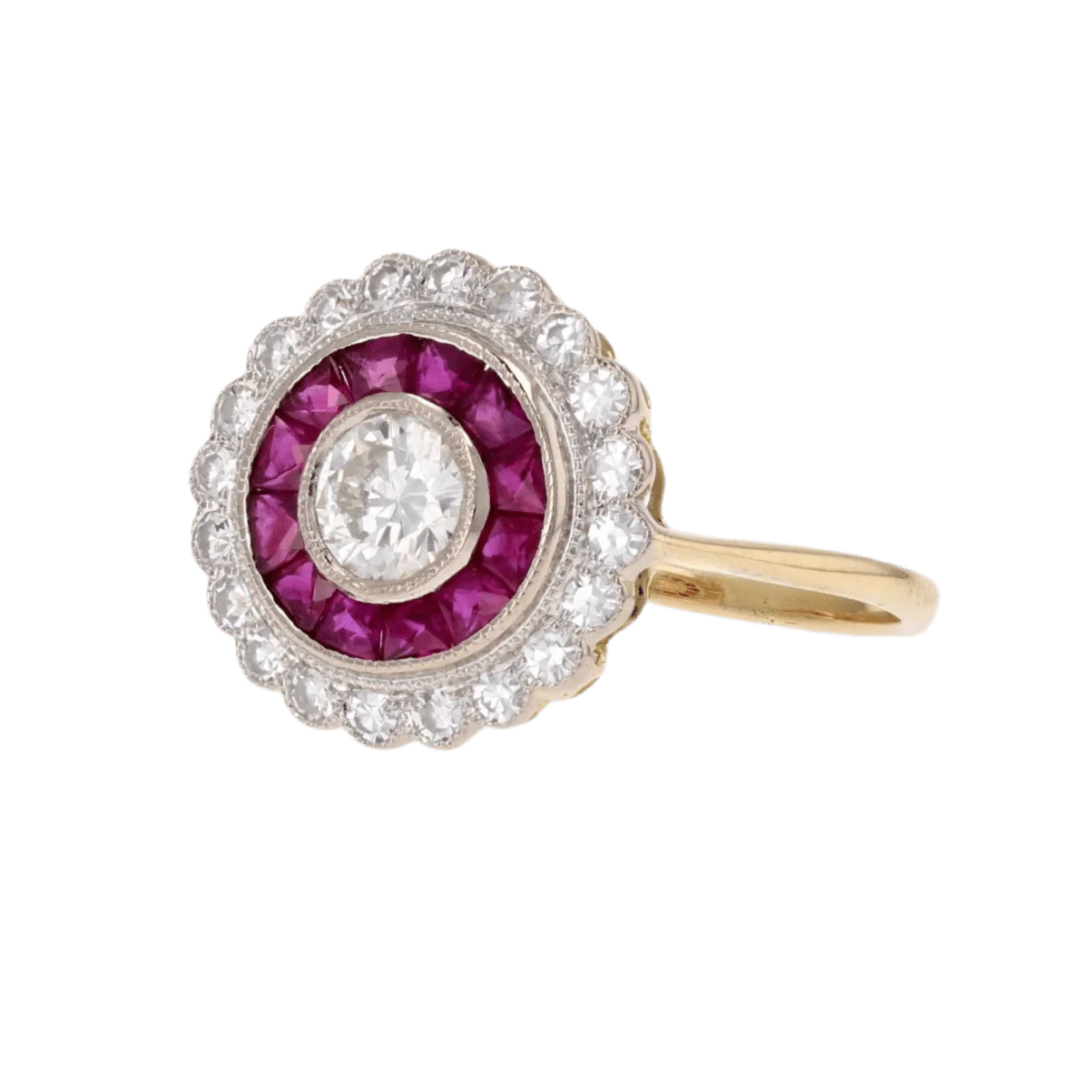 Bague Entourage en or jaune, or blanc, rubis et diamants - Image 3