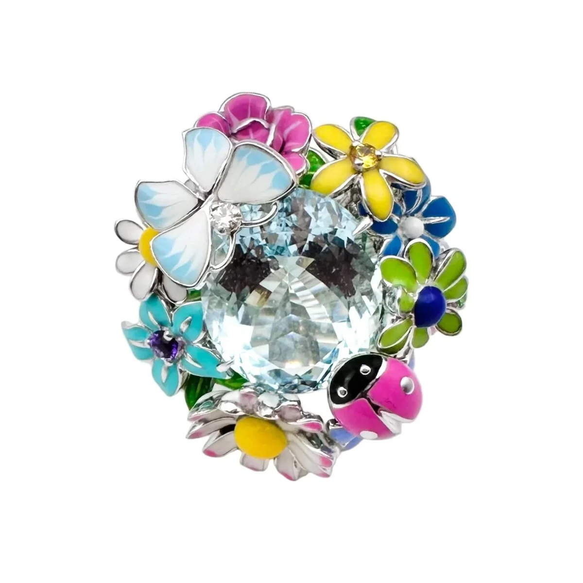 Bague Cocktail DIOR "Diorette" Milly-la-forêt en or blanc, aigue-marine, émail, améthyste, saphir, grenat et diamant