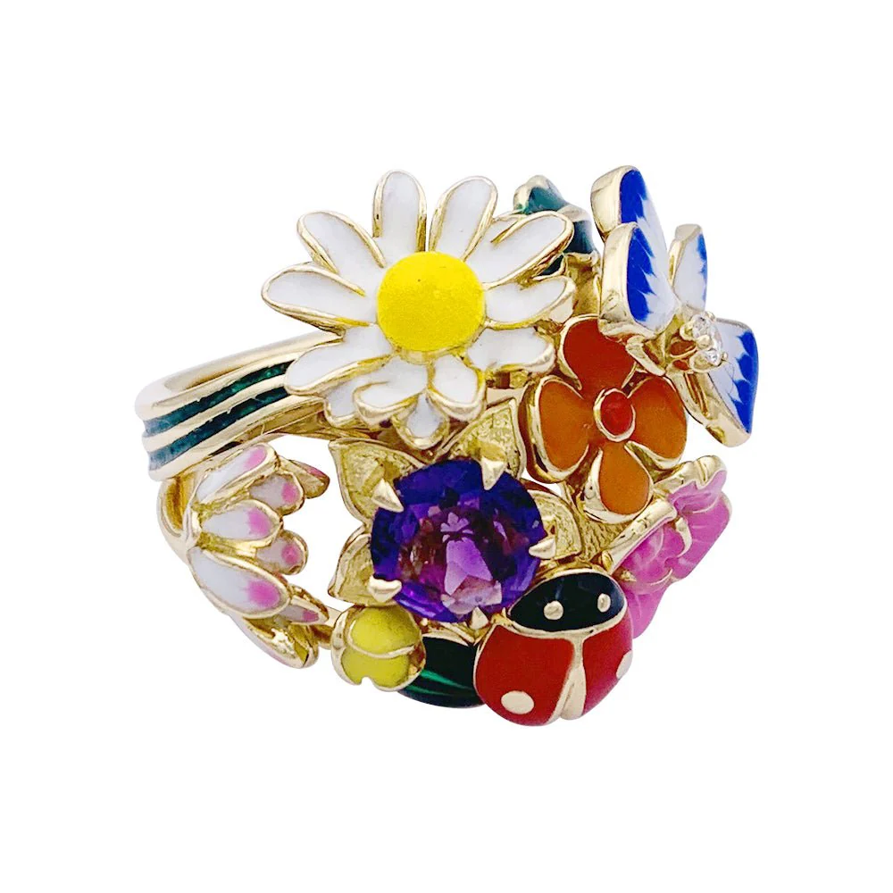 Bague Cocktail DIOR "Diorette" en or jaune, émail, améthyste et diamant - Image 5