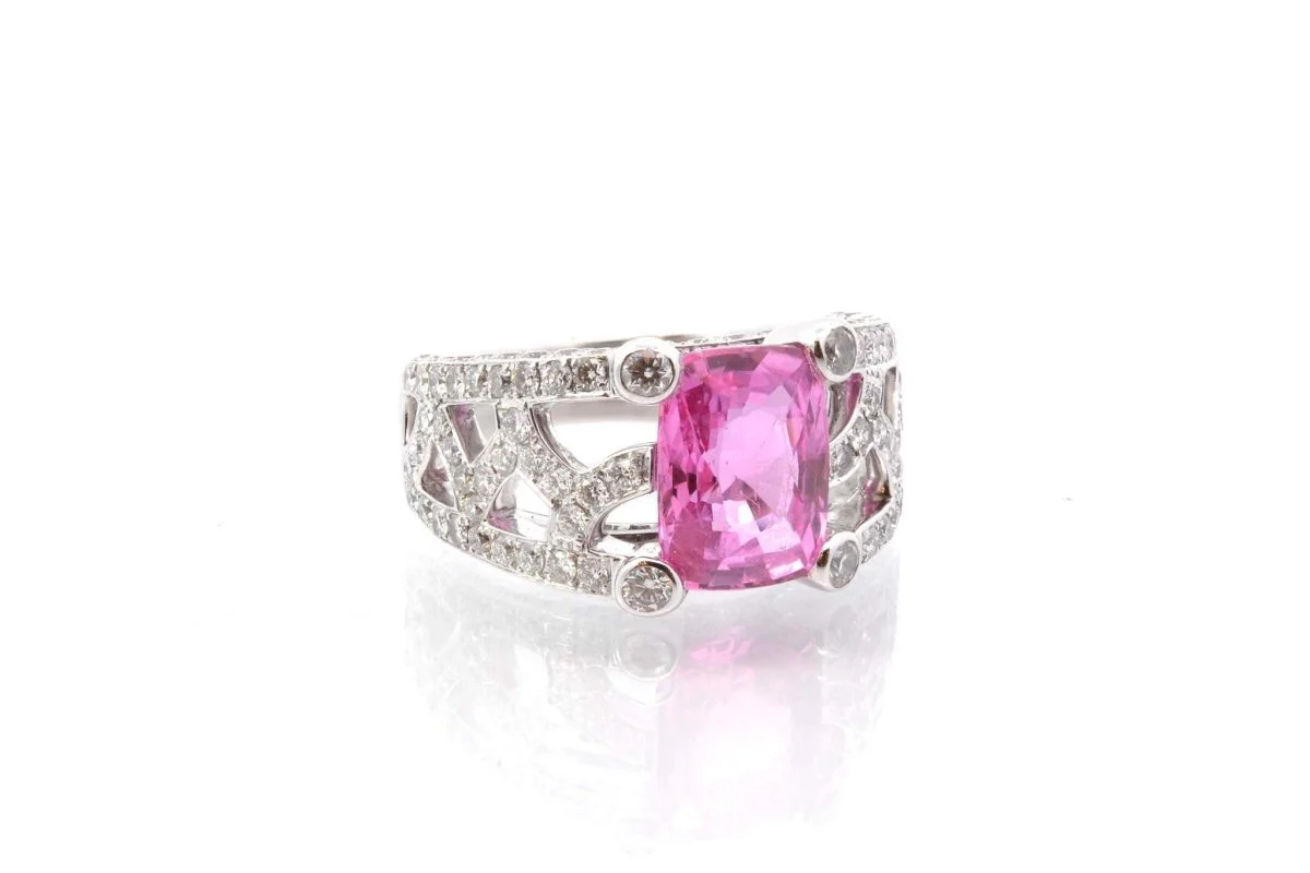 Bague d'occasion saphir rose et diamants en or blanc - Image 4