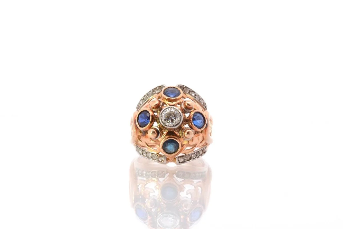 Bague dôme 1950 diamants et saphirs en or - Image 2