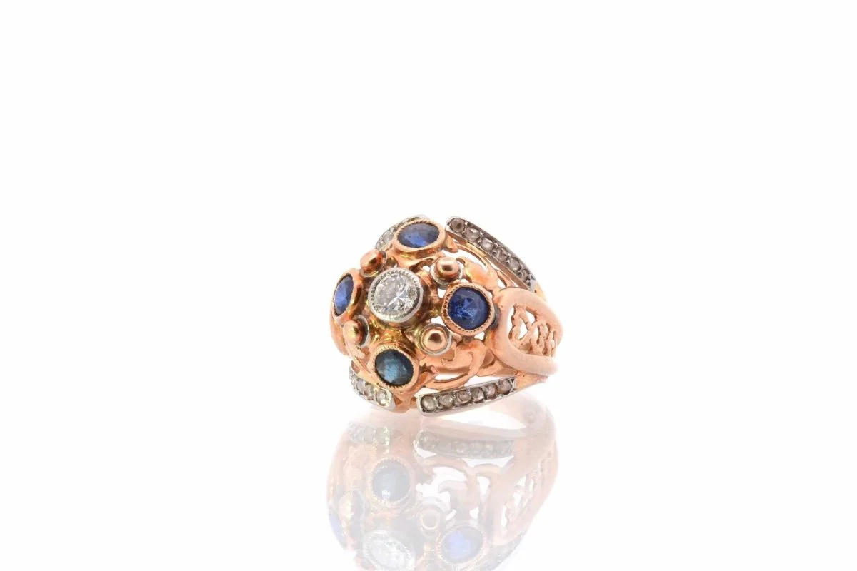 Bague dôme 1950 diamants et saphirs en or - Image 3