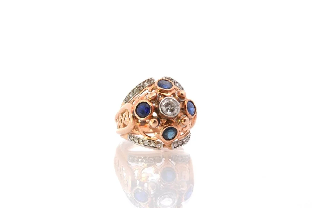 Bague dôme 1950 diamants et saphirs en or - Image 4
