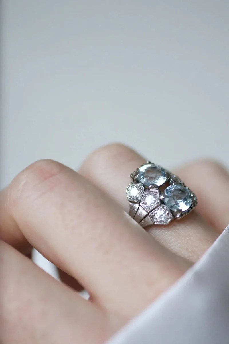 Bague dôme Art Deco aigue-marine et diamant - Image 2