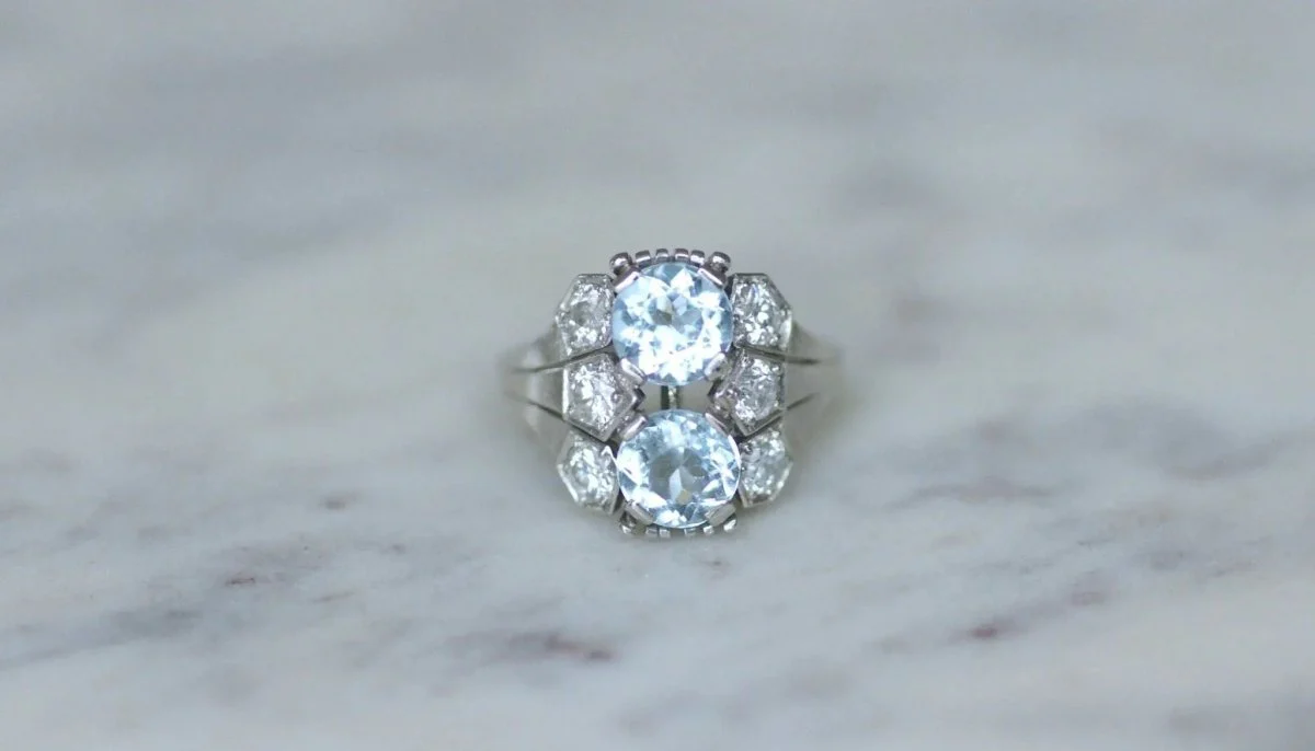 Bague dôme Art Deco aigue-marine et diamant - Image 3