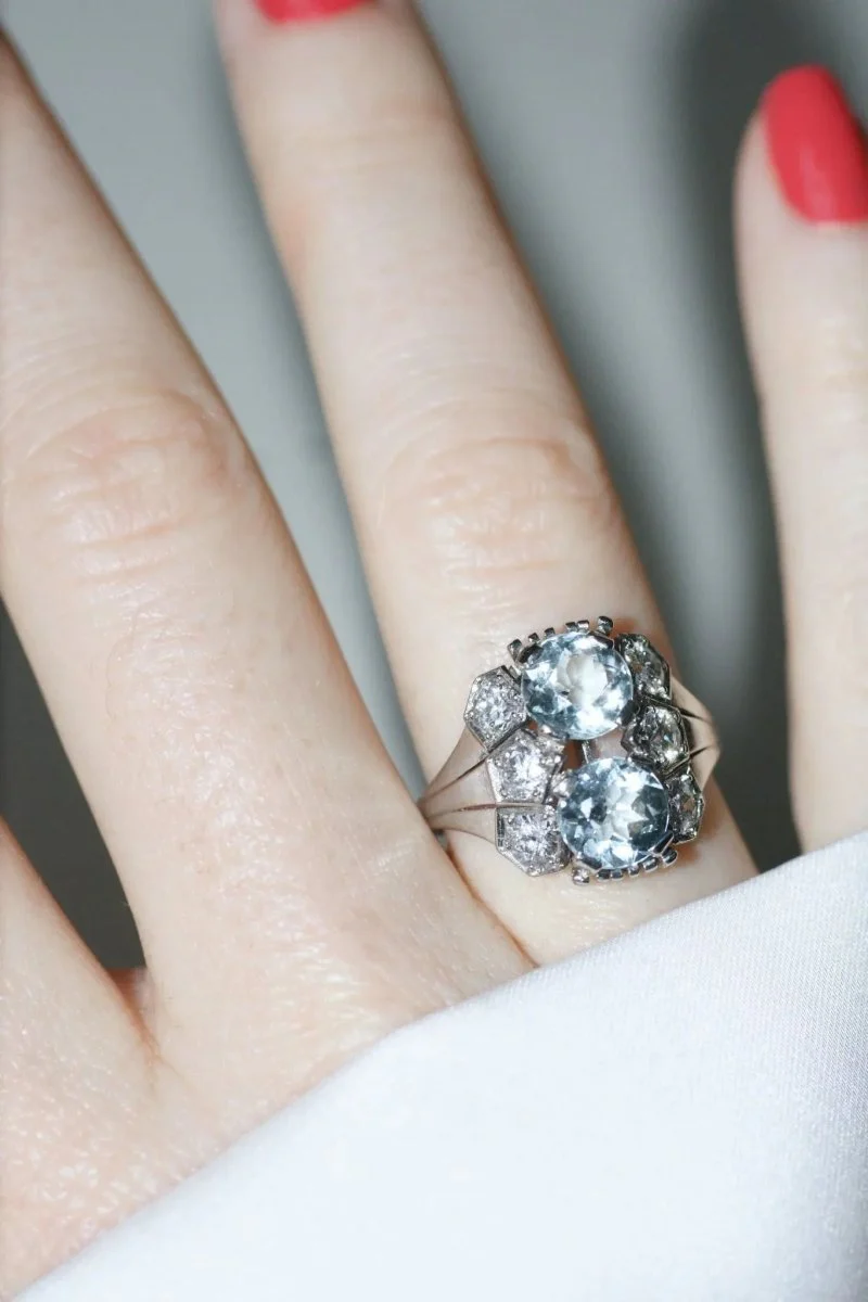 Bague dôme Art Deco aigue-marine et diamant - Image 4