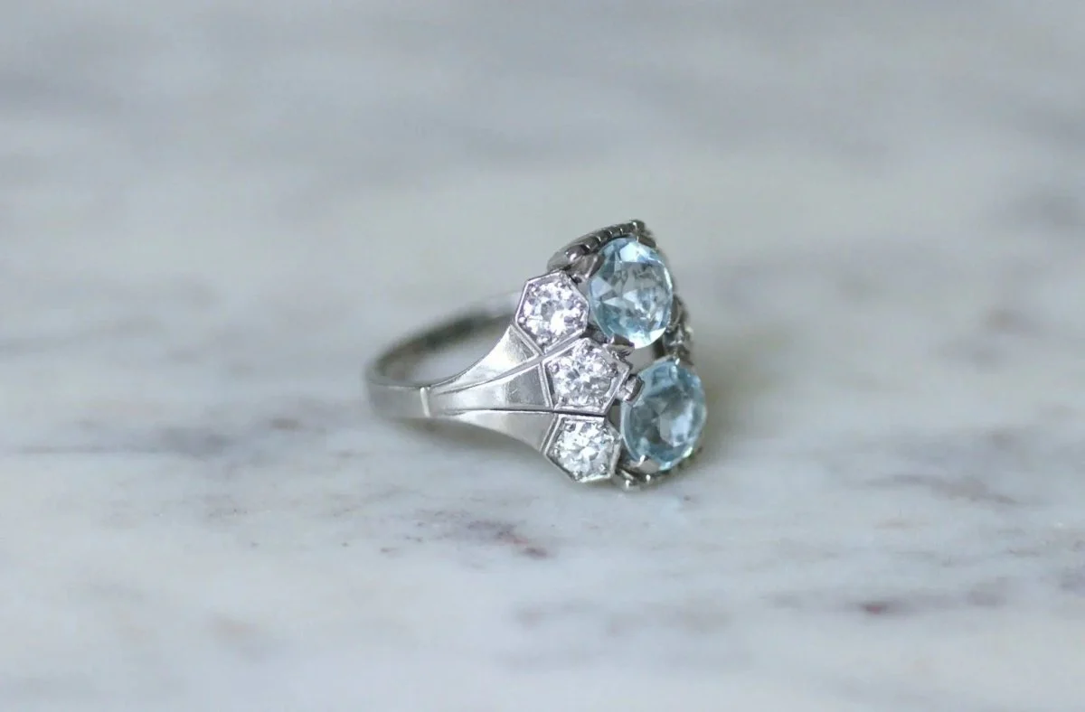 Bague dôme Art Deco aigue-marine et diamant - Image 5