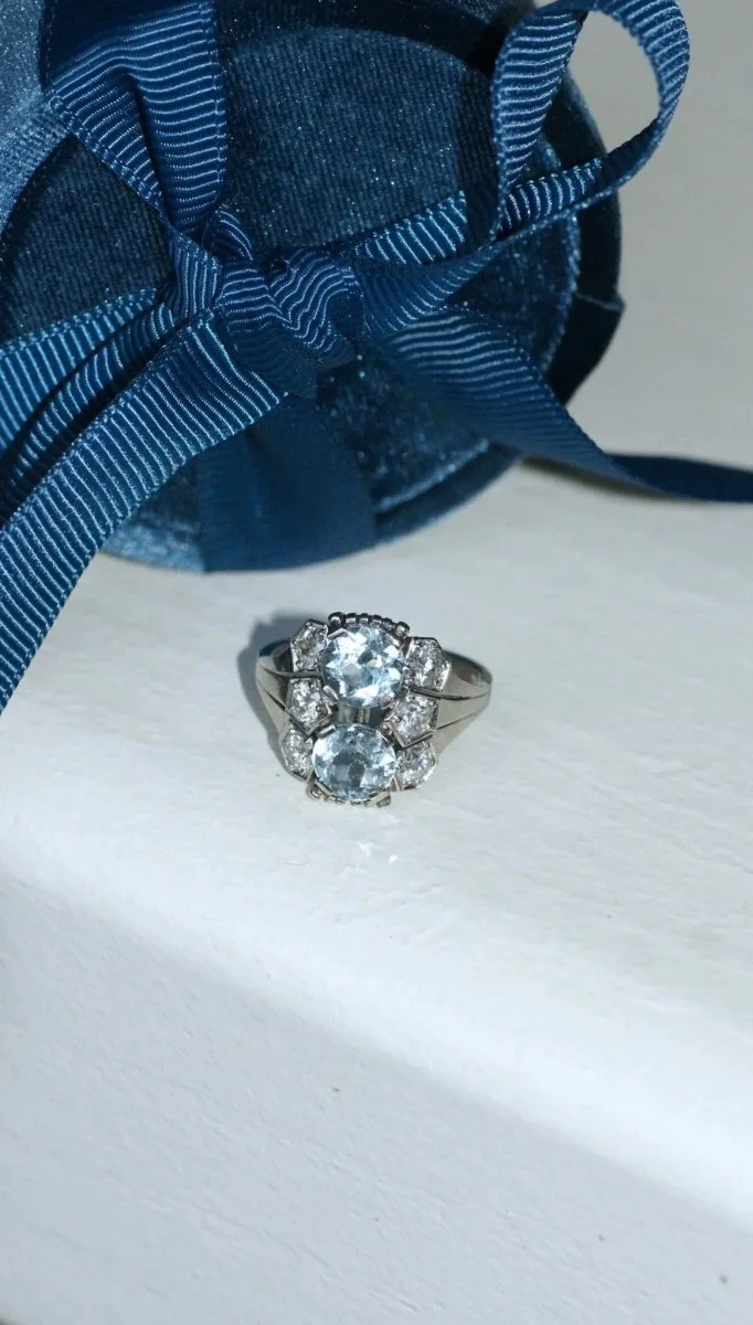 Bague dôme Art Deco aigue-marine et diamant - Image 6