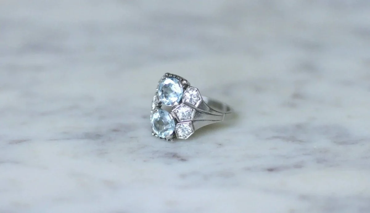 Bague dôme Art Deco aigue-marine et diamant - Image 7