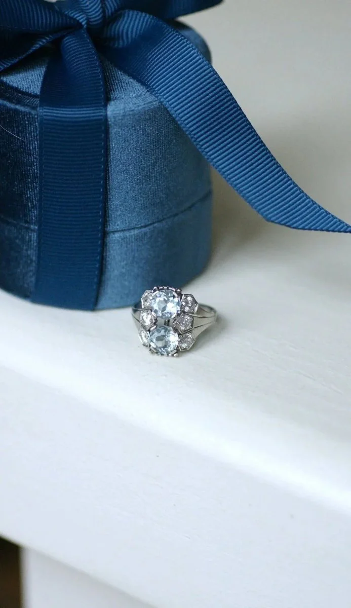Bague dôme Art Deco aigue-marine et diamant - Image 8