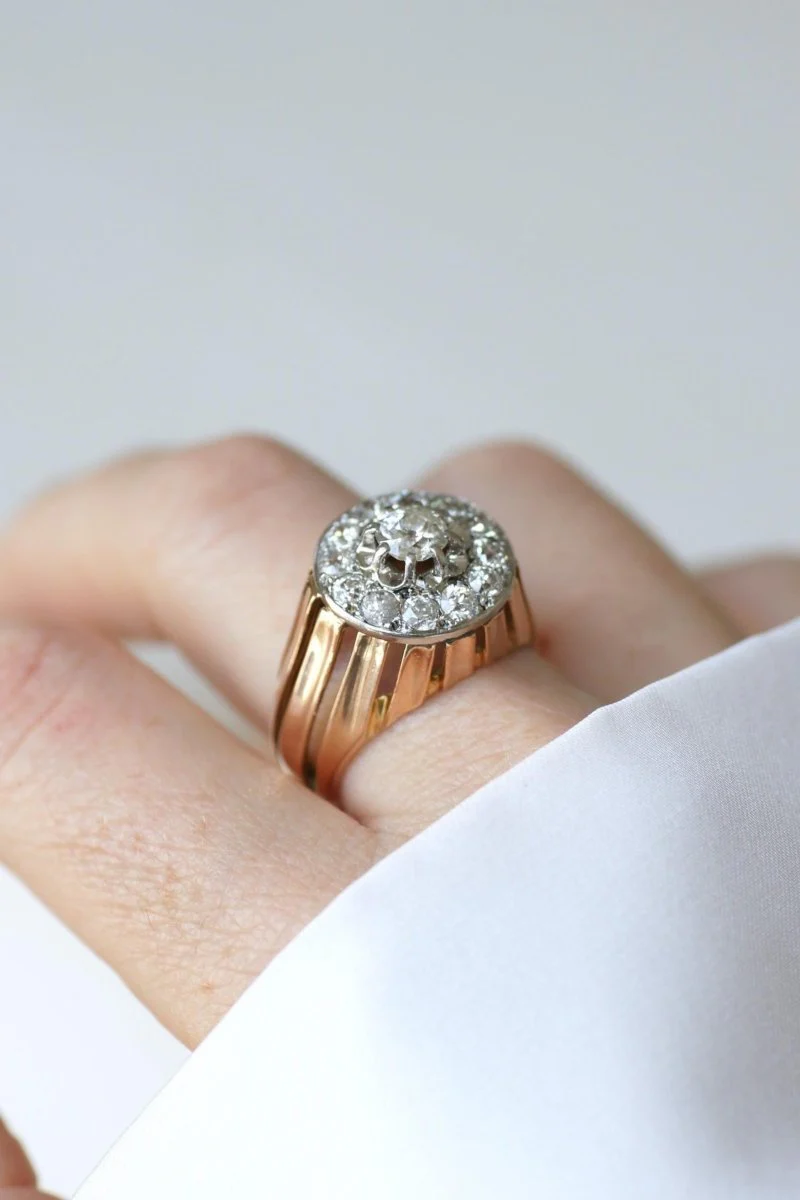 Bague Dôme Diamants 2,40 Cts Or rose et Platine Années 40