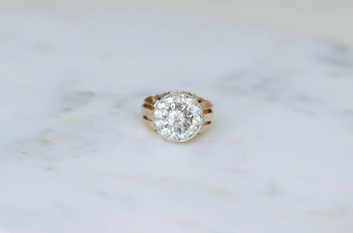 Bague Dôme Diamants 2,40 Cts Or rose et Platine Années 40 - Image 2