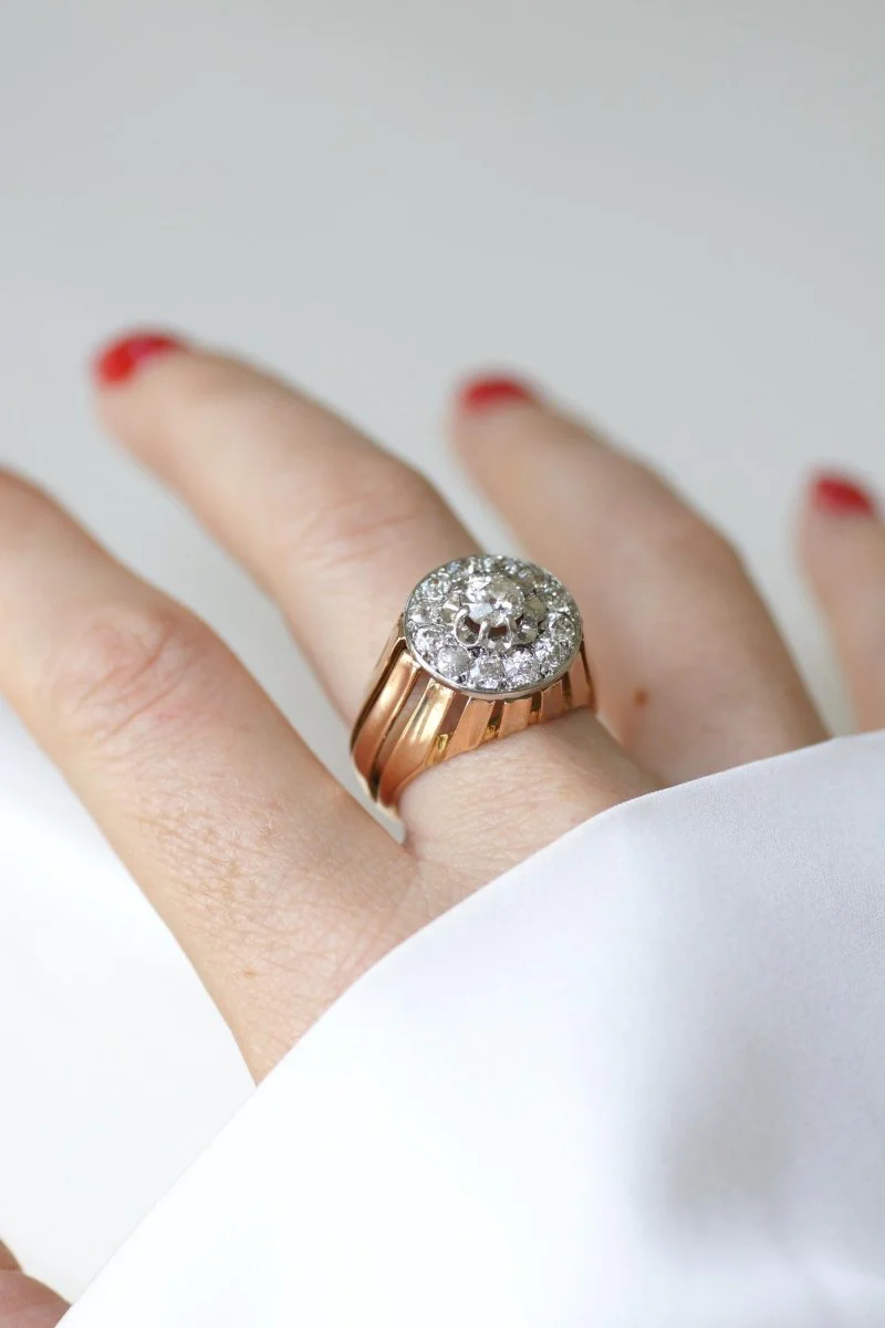 Bague Dôme Diamants 2,40 Cts Or rose et Platine Années 40 - Image 3