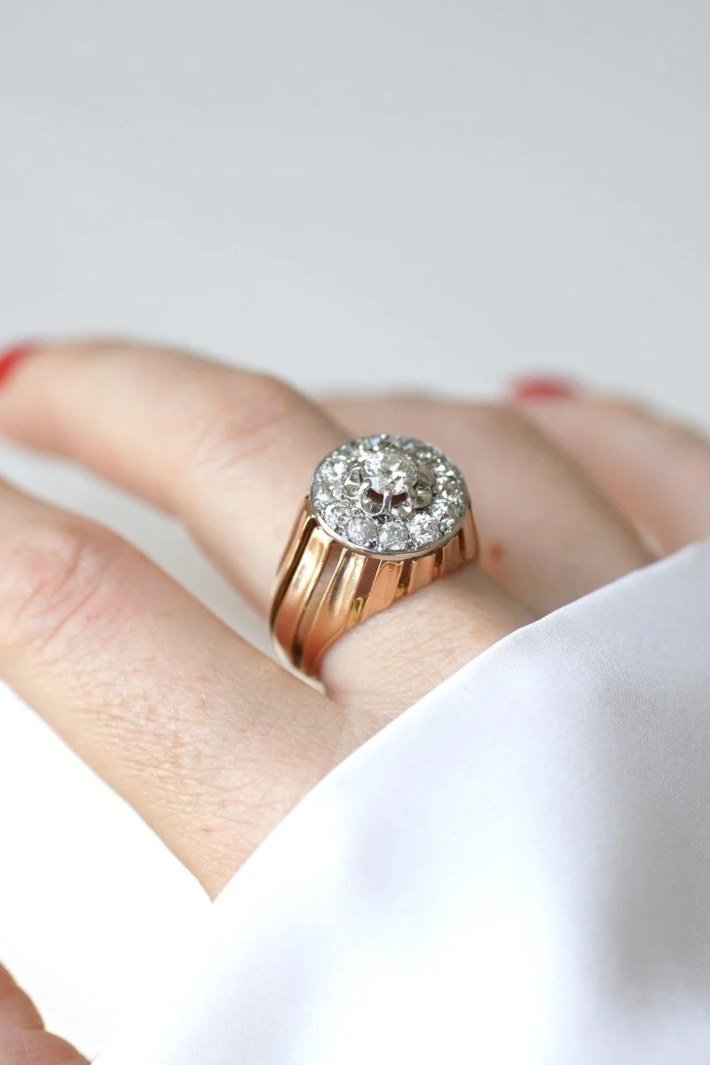 Bague Dôme Diamants 2,40 Cts Or rose et Platine Années 40 - Image 5