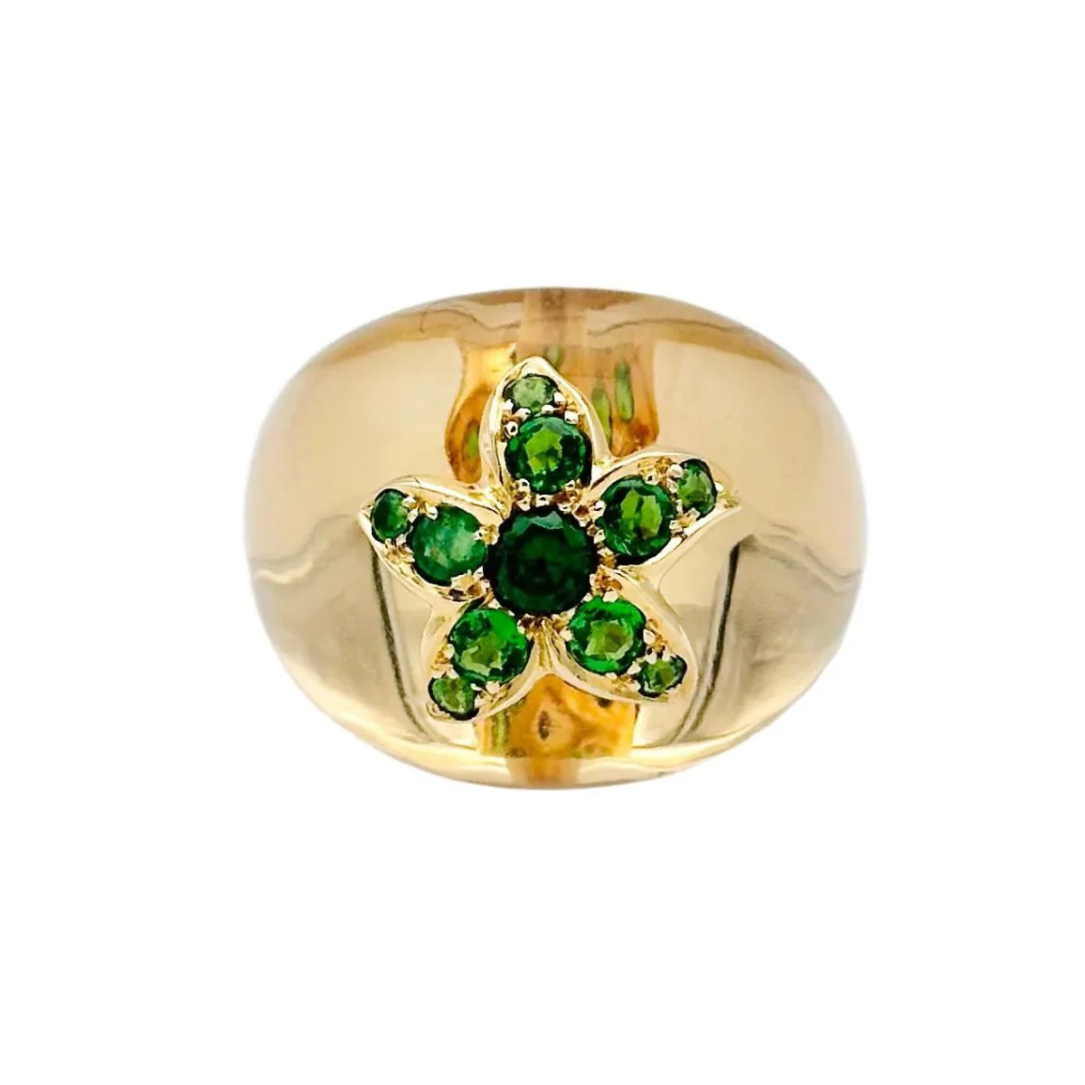 Bague Dôme LORENZ BAÜMER en or jaune, cristal de roche et émeraudes