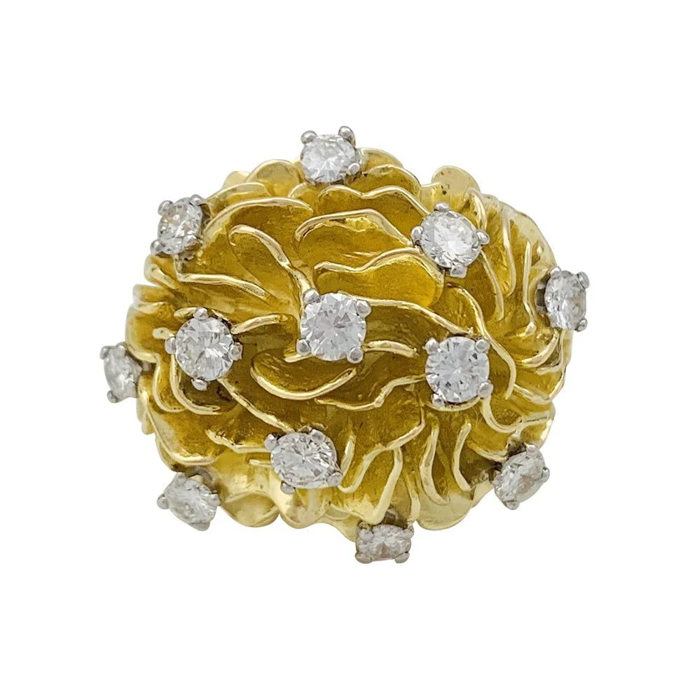 Bague dôme or jaune, platine et diamants