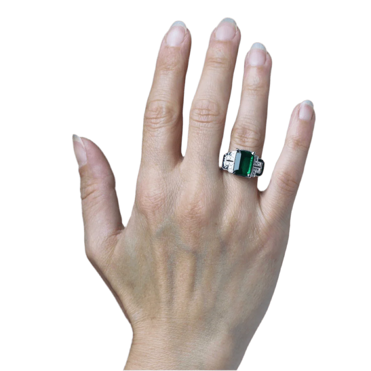 Bague Entourage en or blanc, émeraude, saphirs et diamants - Image 2