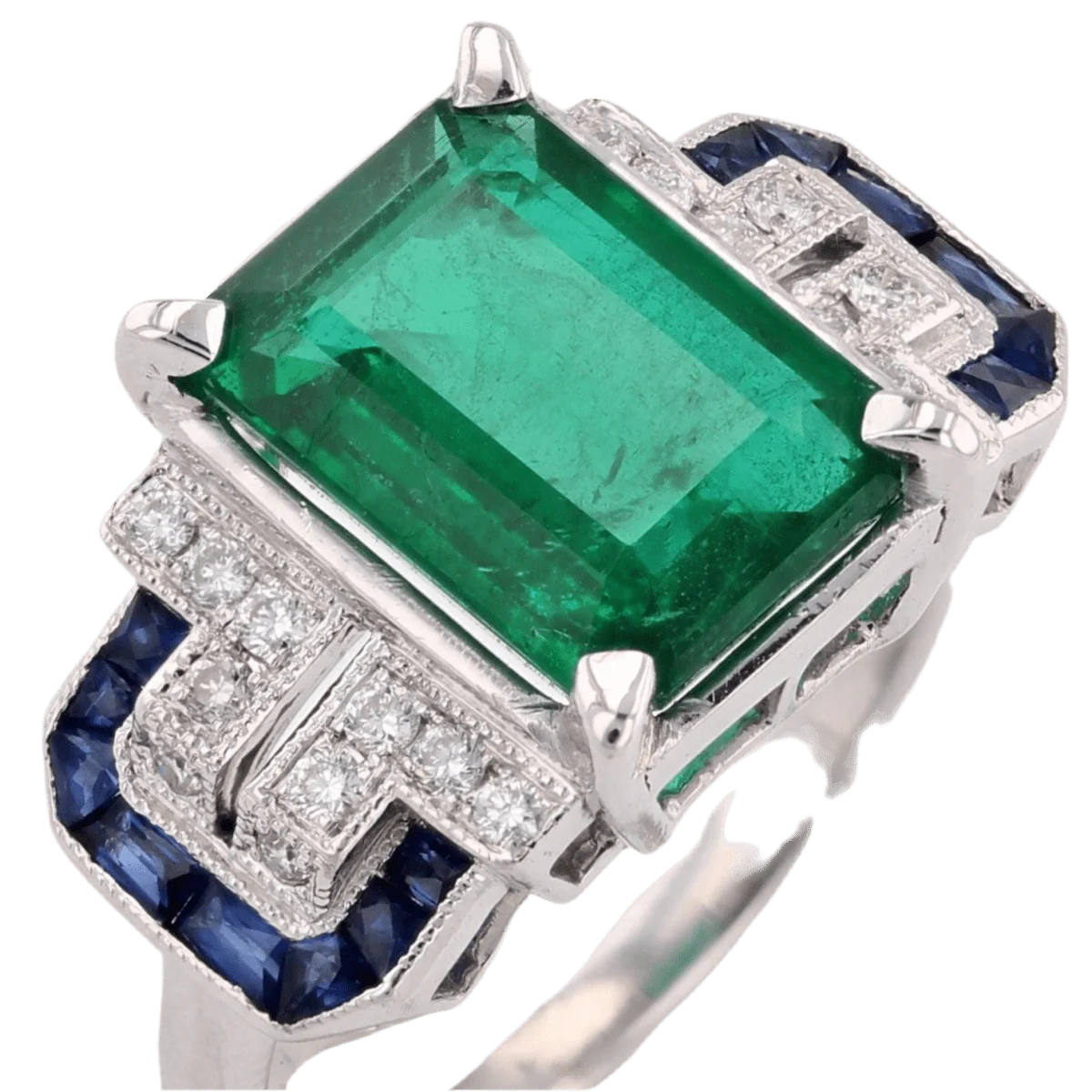 Bague Entourage en or blanc, émeraude, saphirs et diamants - Image 6