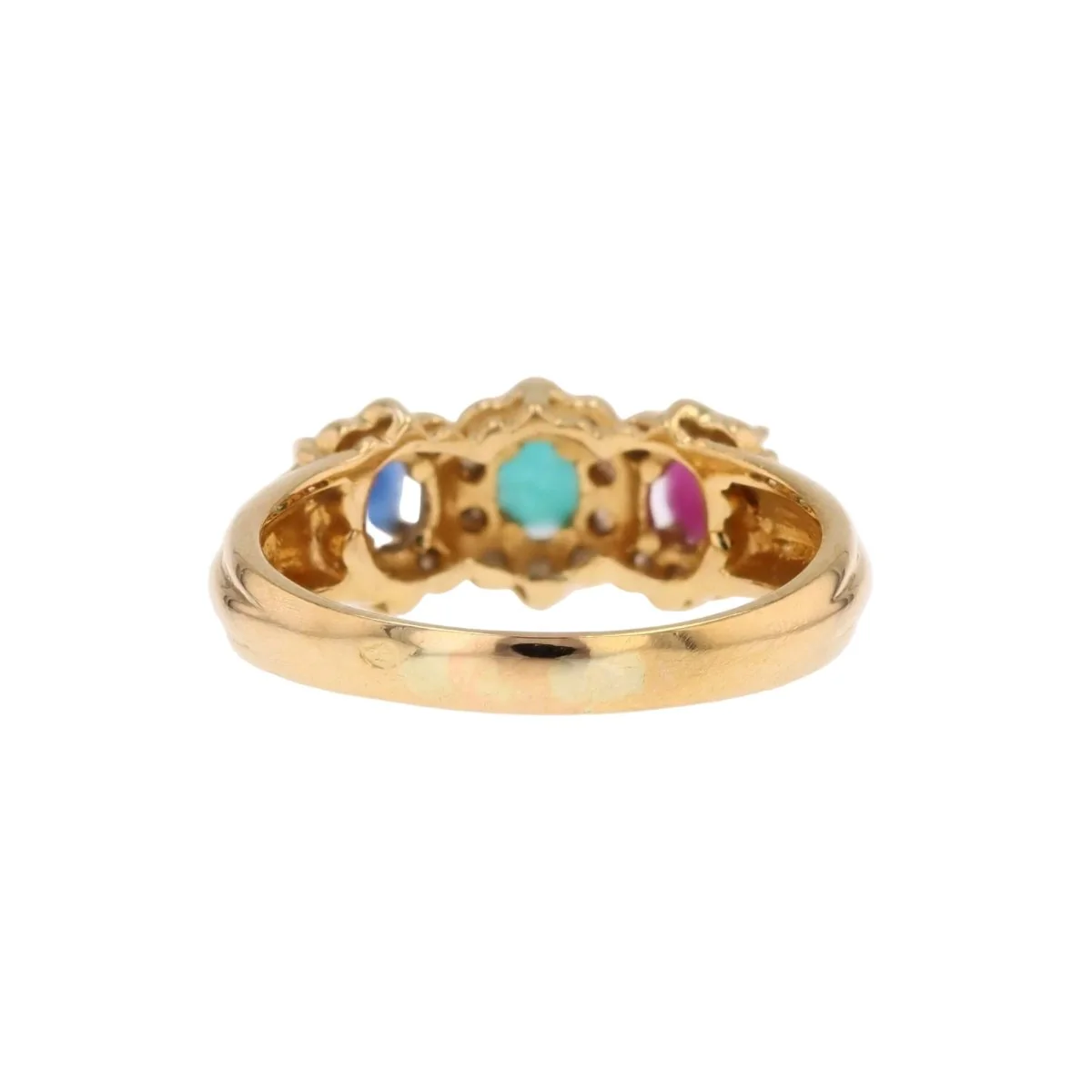 Bague Jarretière en or jaune, émeraude, saphir, rubis et diamants - Image 3