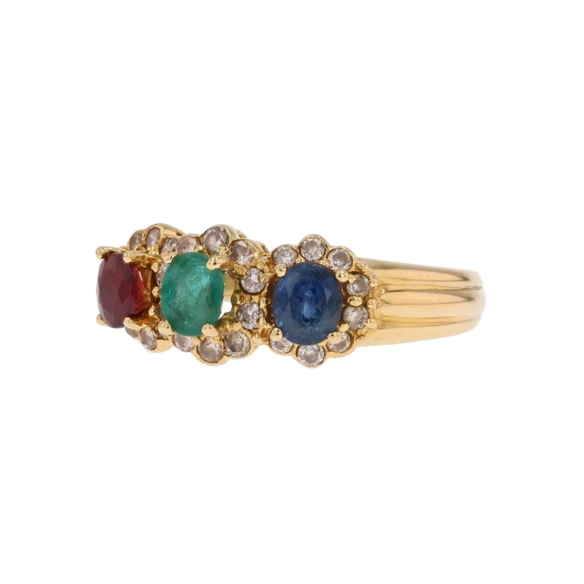 Bague Jarretière en or jaune, émeraude, saphir, rubis et diamants - Image 4
