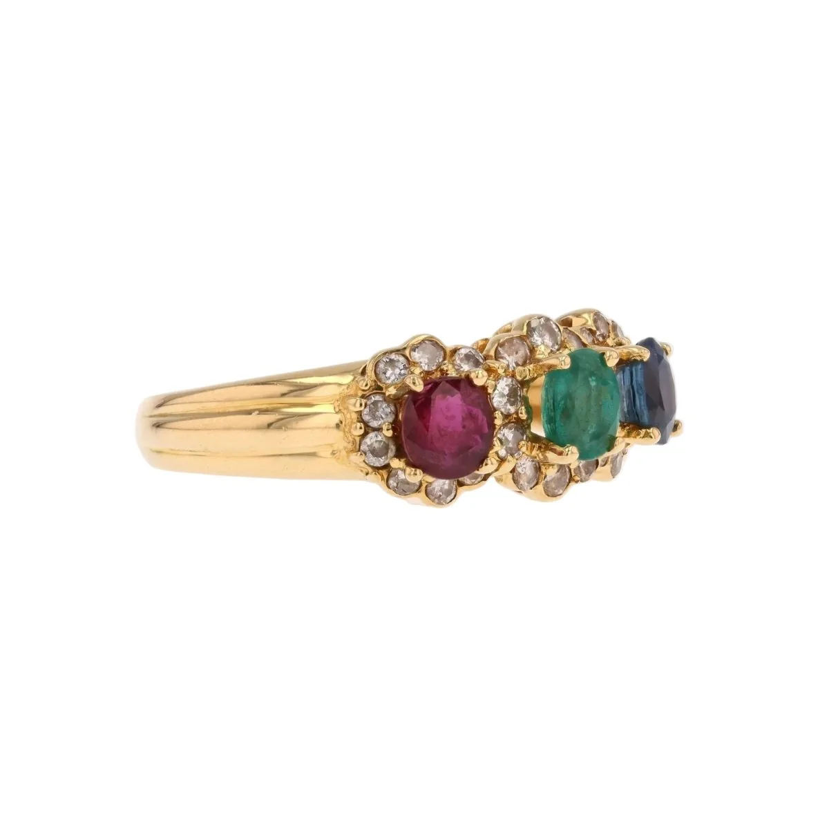 Bague Jarretière en or jaune, émeraude, saphir, rubis et diamants - Image 5
