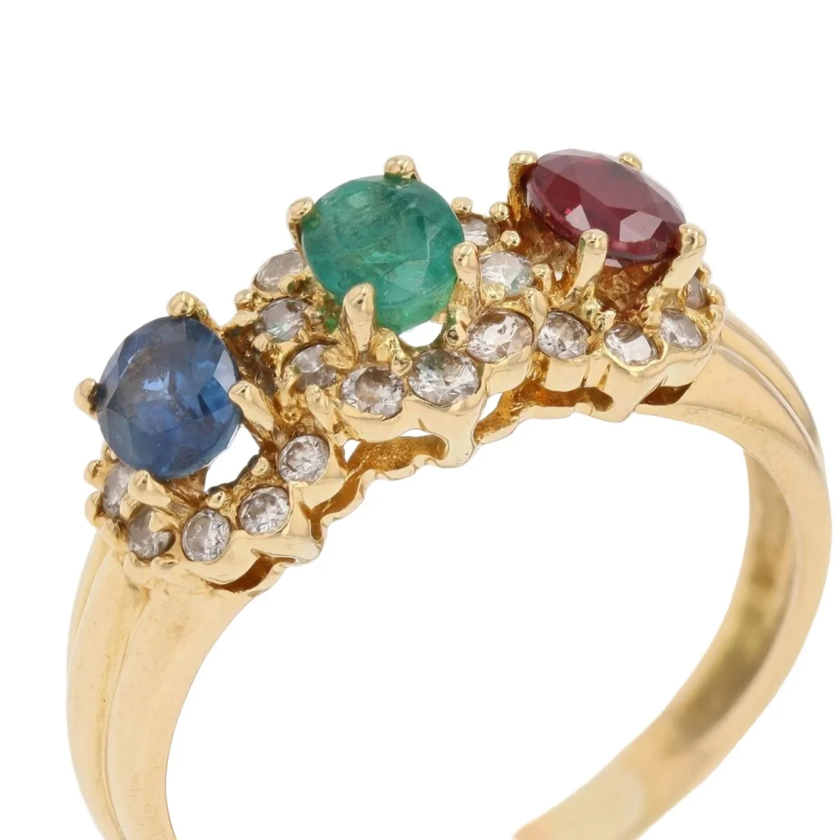 Bague Jarretière en or jaune, émeraude, saphir, rubis et diamants - Image 6