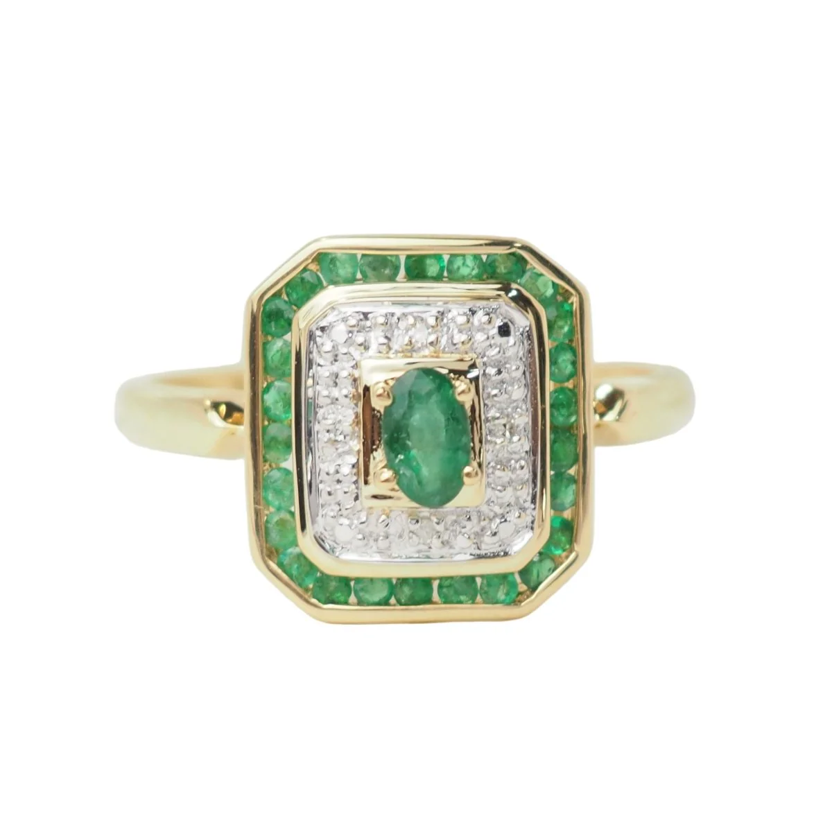 Bague en or jaune, émeraude et diamants