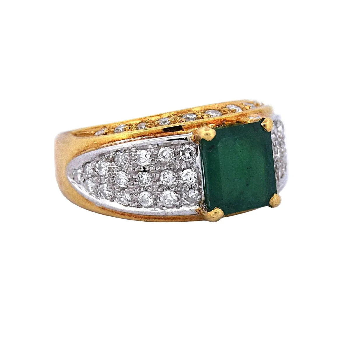 Bague Chevalière en or jaune, émeraude et diamants - Image 4