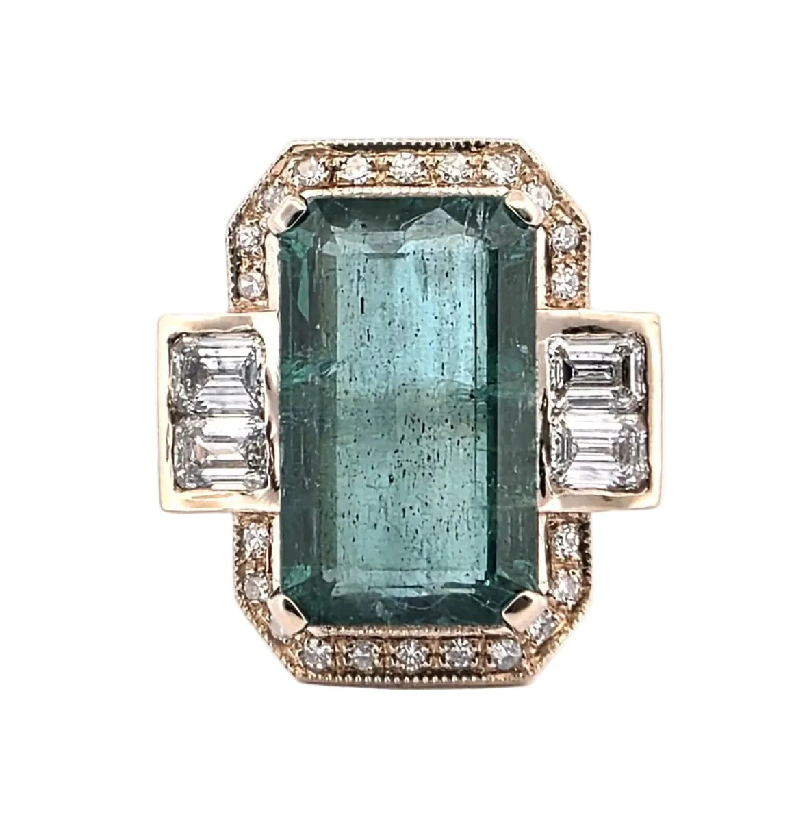 Bague Entourage en or jaune, émeraude et diamants
