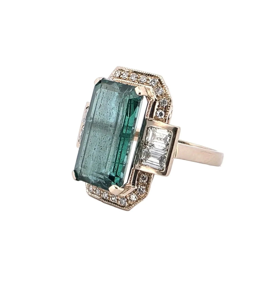 Bague Entourage en or jaune, émeraude et diamants - Image 2