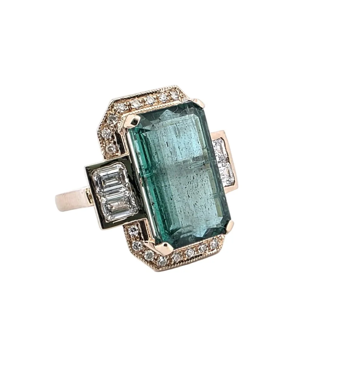 Bague Entourage en or jaune, émeraude et diamants - Image 5
