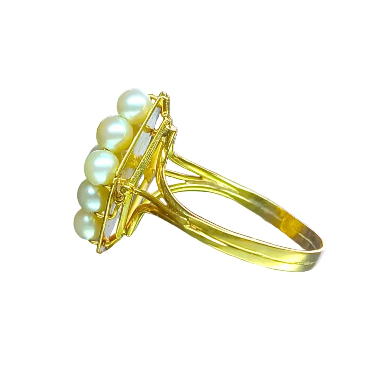 Bague Marquise en or jaune et perles - Image 3