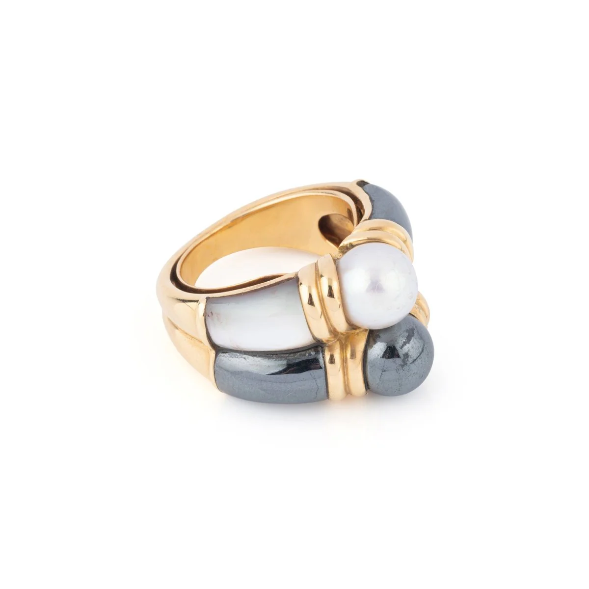 Double bague en or jaune, hématite, nacre et perles - Image 3