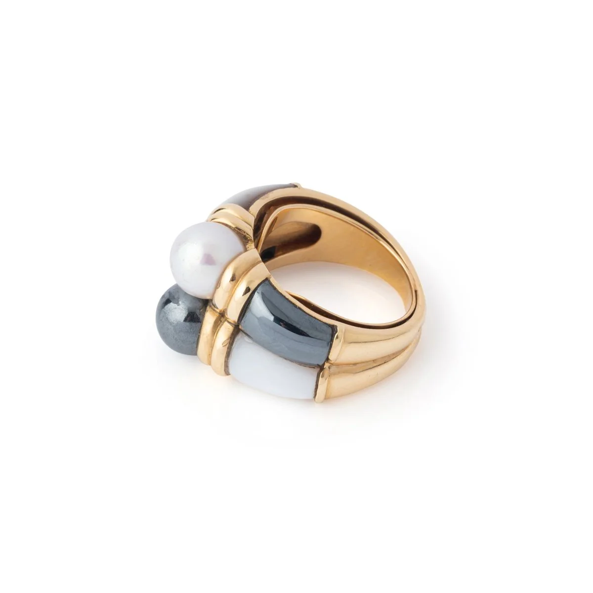 Double bague en or jaune, hématite, nacre et perles - Image 5