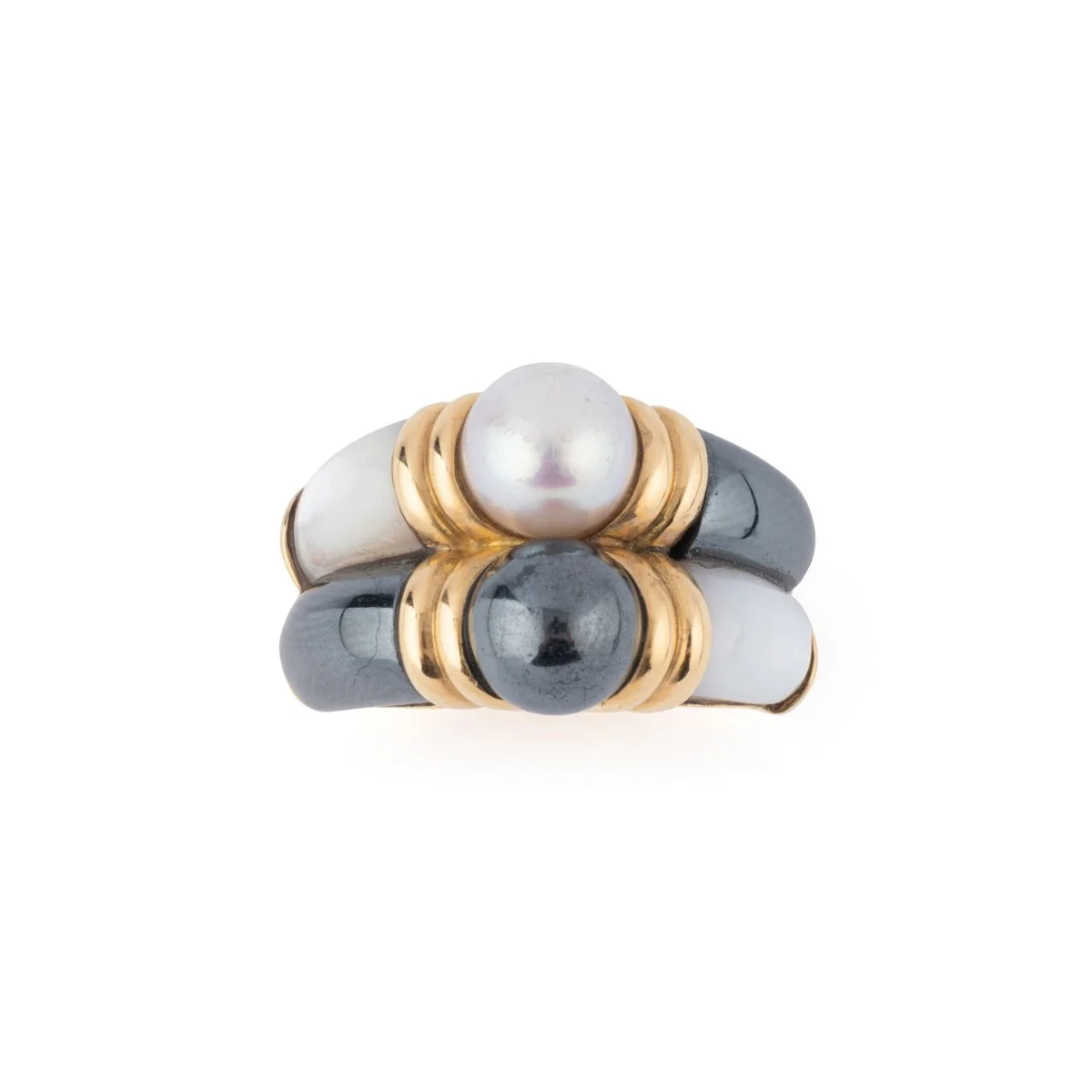 Double bague en or jaune, hématite, nacre et perles - Image 6