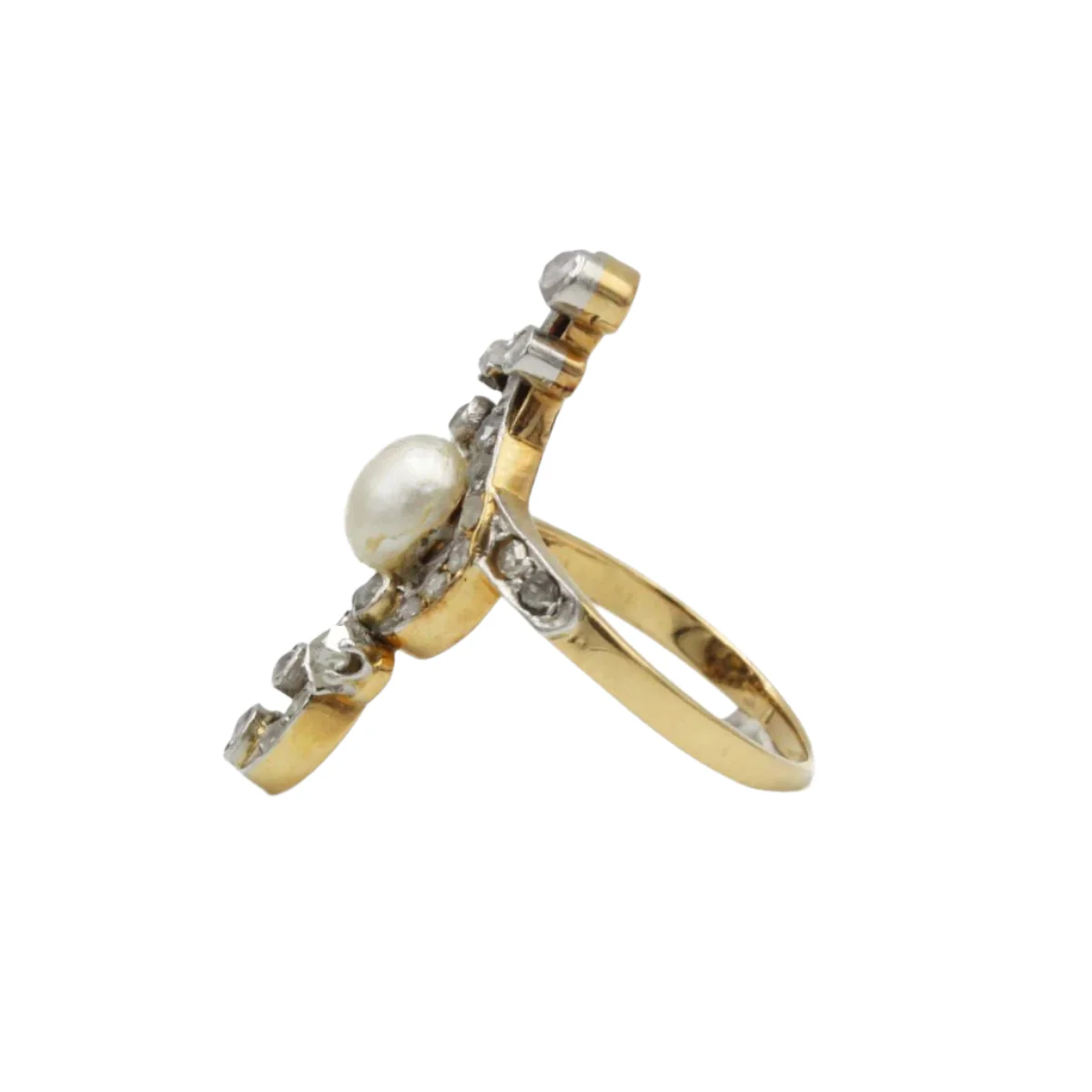 Bague Marquise en or jaune, or blanc, perle et diamants - Image 3