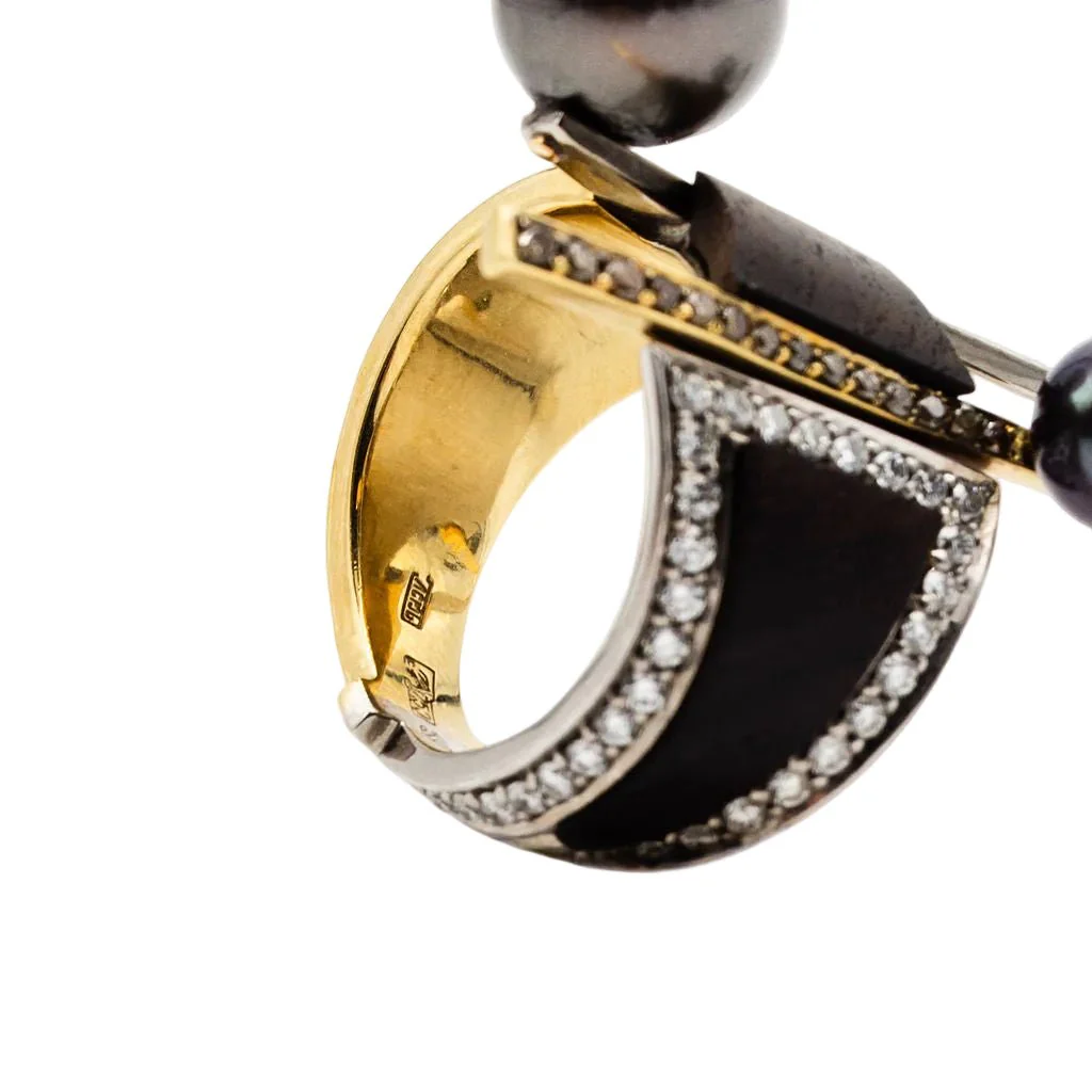 Bague en or jaune, or blanc, perles, essences boisées et diamants - Image 6