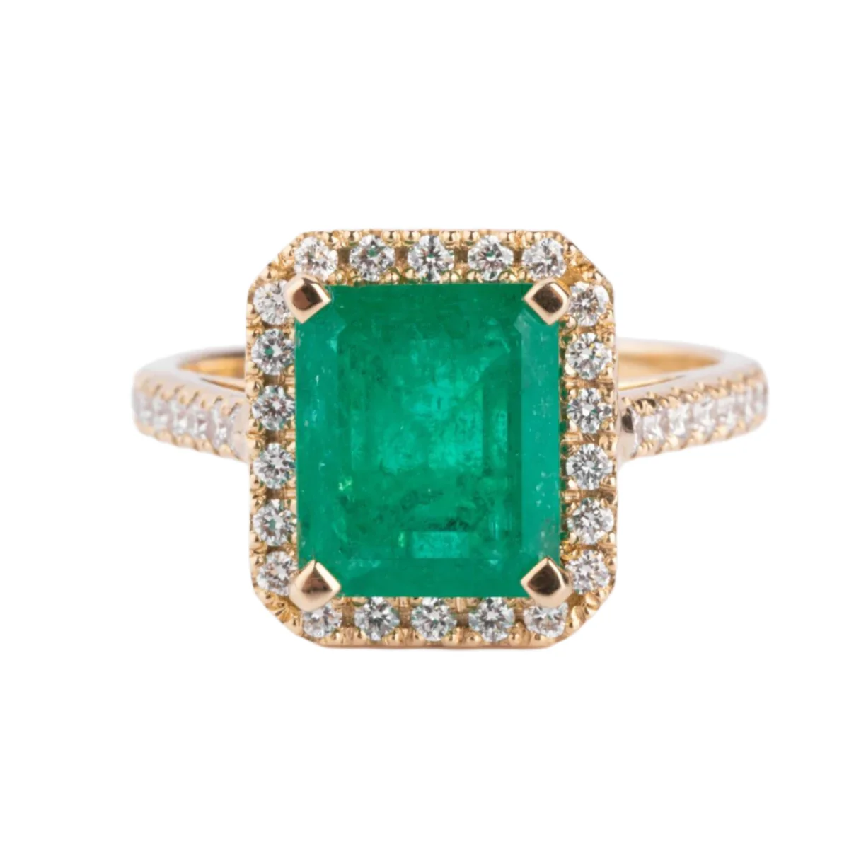 Bague en or jaune, émeraude et diamants