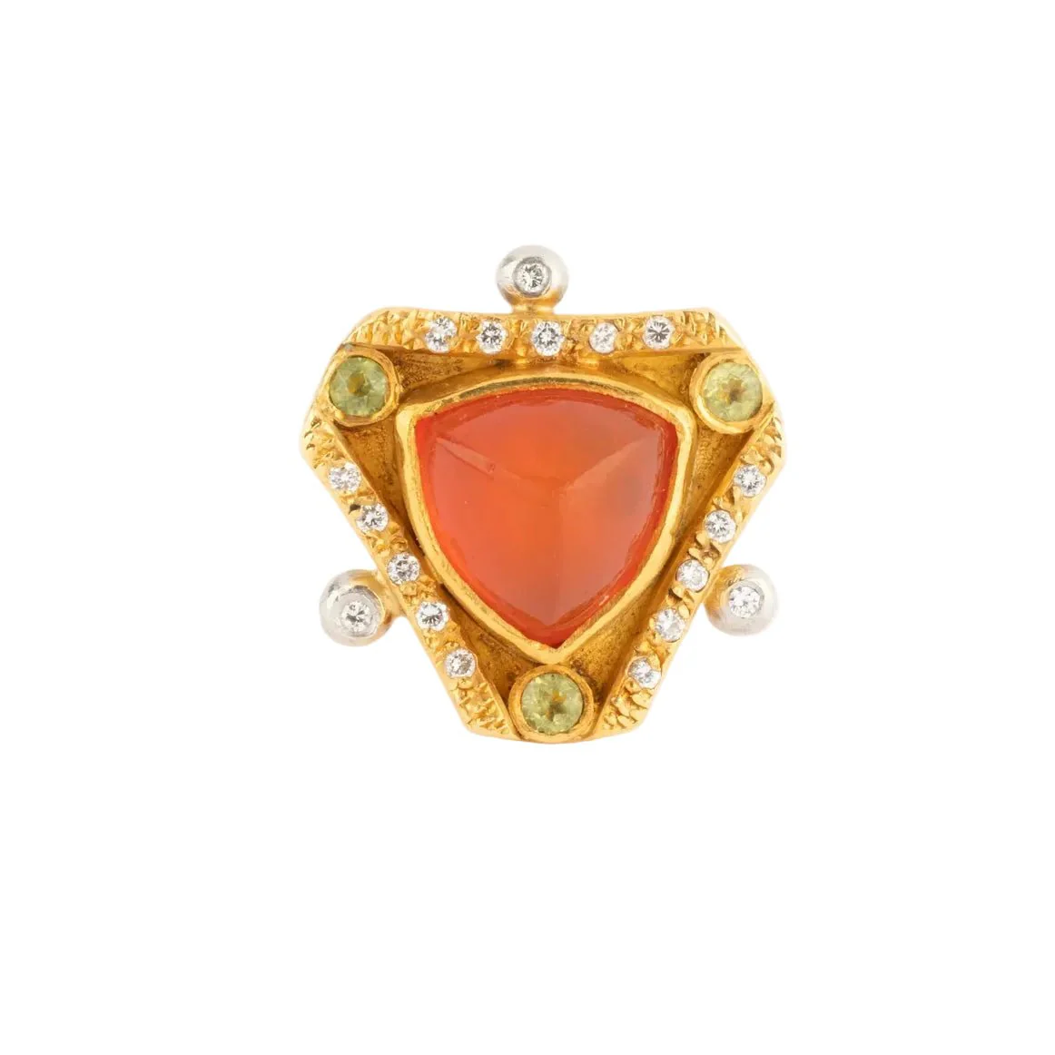Bague Entourage Étrusque en or jaune, opale de feu, péridots et diamants - Image 2